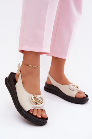 Leather platform sandals with ornaments in sand color 2