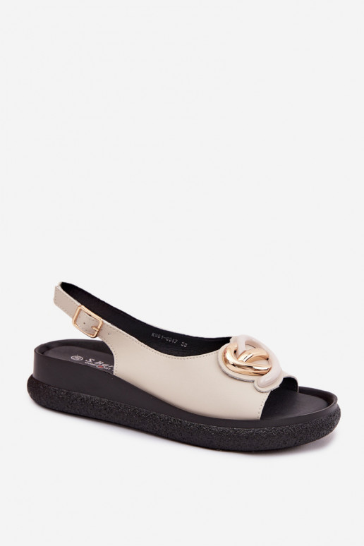 Leather platform sandals with ornaments in sand color