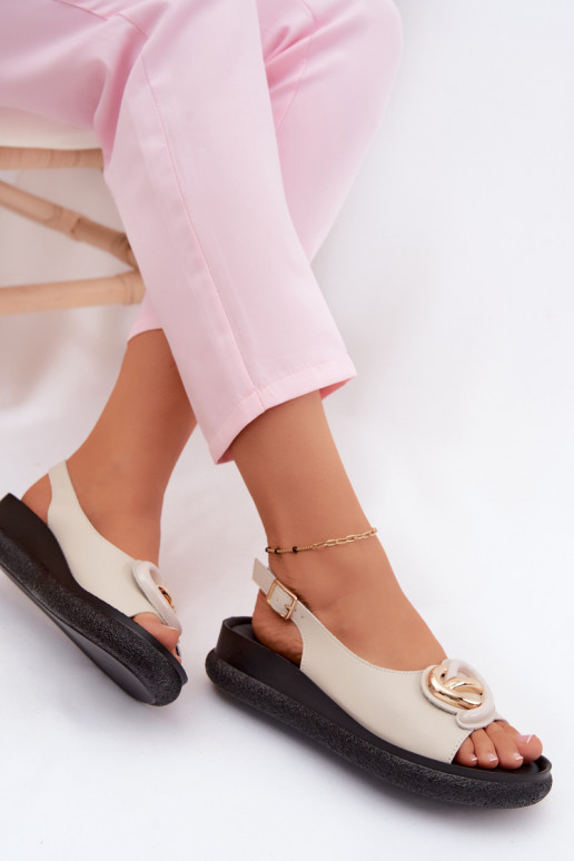 Leather platform sandals with ornaments in sand color