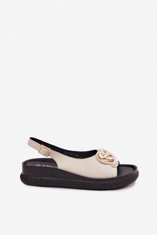 Leather platform sandals with ornaments in sand color