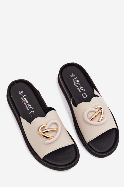 Leather Slides With Decorative Detail S.Barski KV61-6046 Beige