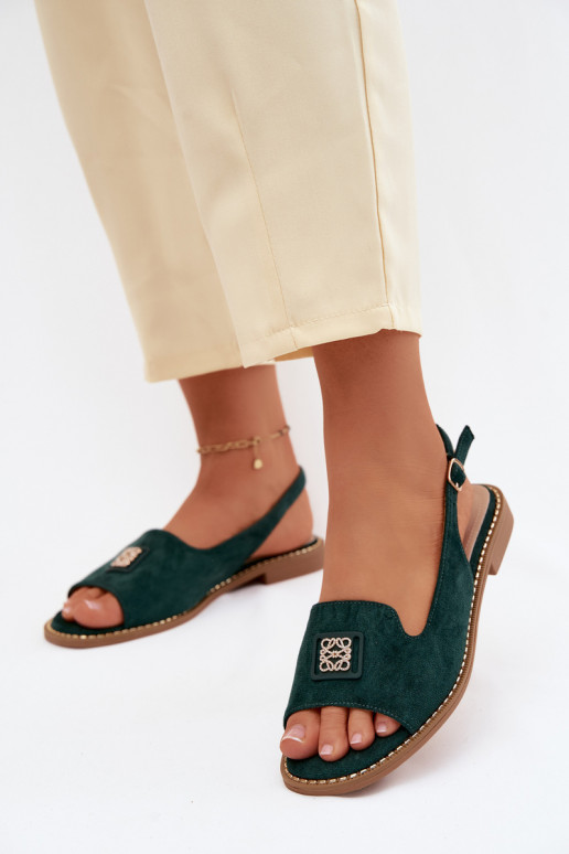 Women's sandals with wide heels and decorative details S.Barski KV61-6015 green color