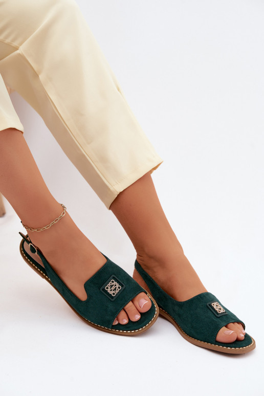 Women's sandals with wide heels and decorative details S.Barski KV61-6015 green color