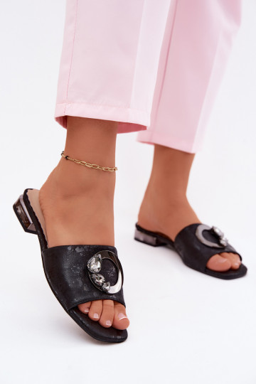 Women's slippers with wide heels and ornaments KV61-6025 black color 2
