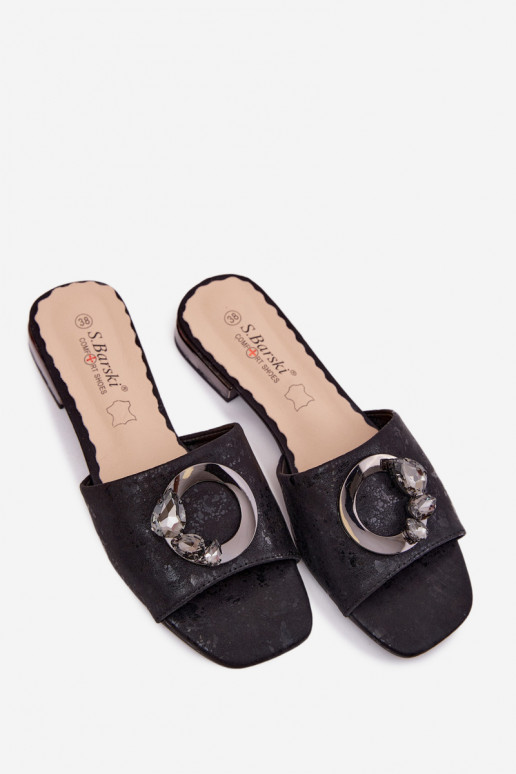 Women's slippers with wide heels and ornaments KV61-6025 black color