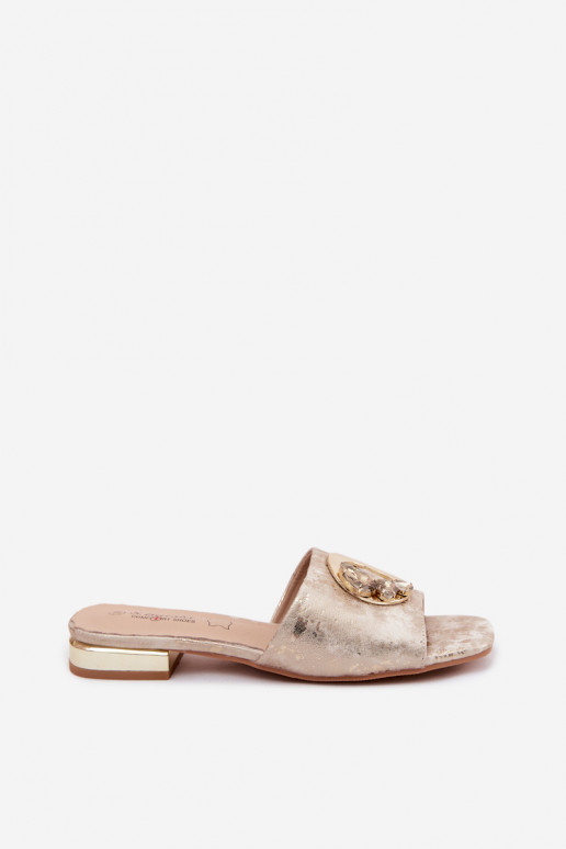Women's slippers with wide heels and ornaments KV61-6025 gold color