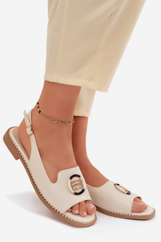 Women's sandals with wide heels and ornaments S.Barski KV61-6037 cream color