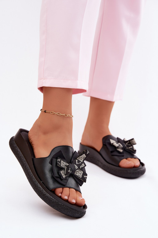 Women's Natural Leather Slippers With Bow S.Barski KV61-6061 Black