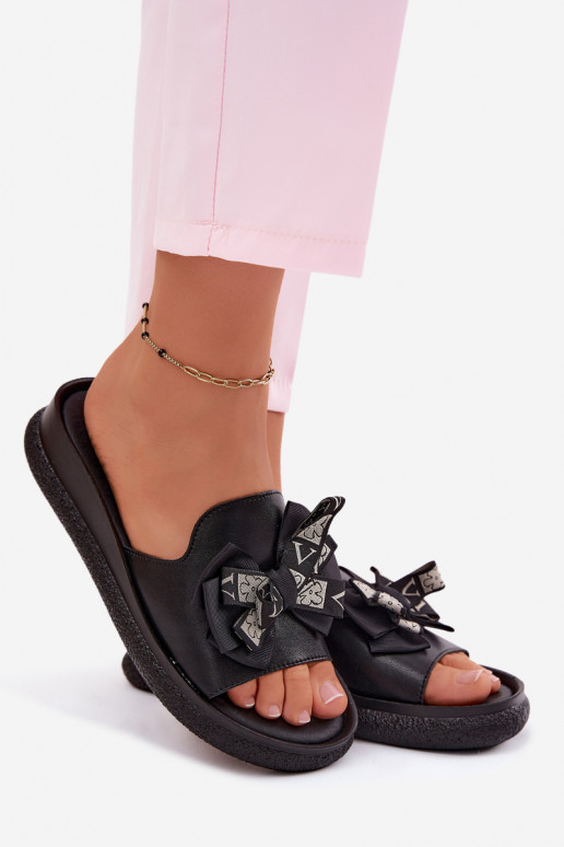 Klapki Damskie Skóra Naturalna Kokarda S.Barski KV61-6061 Czarne