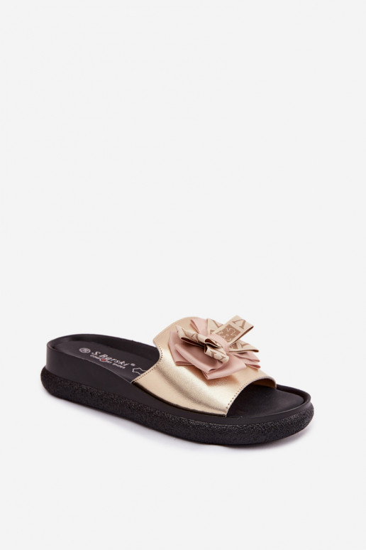 Women's natural leather slippers with bows S.Barski KV61-6061 gold color