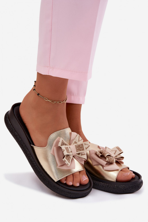 Women's Genuine Leather Sandals Bow S.Barski KV61-6061 Gold