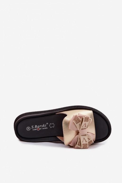 Women's natural leather slippers with bows S.Barski KV61-6061 gold color