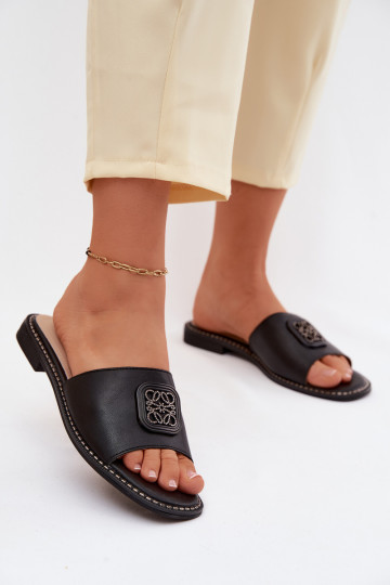 Leather Flat Heel Slippers Decoration S.Barski KV61-6019 Black