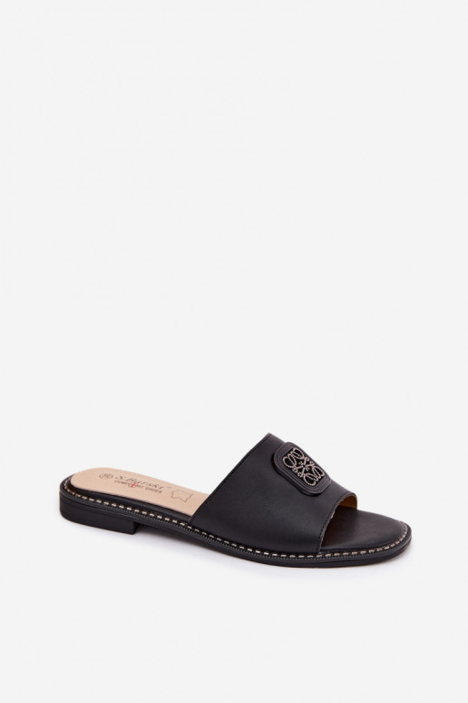 Natural leather slippers with wide heels and decoration S.Barski KV61-6019 black color