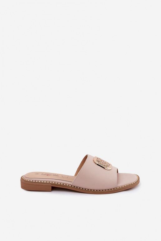 Leather Slippers Flat Heel Ornament S.Barski KV61-6019 Nude