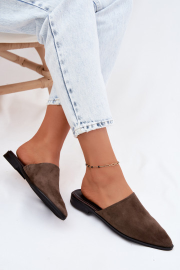 Leather Suede Women's Mules Flat D&A JC61-1004 Khaki