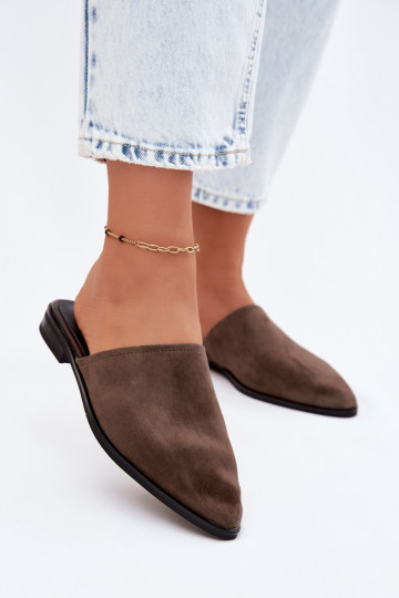 Skórzane Zamszowe Klapki Mule Damskie Płaskie D&A JC61-1004 Khaki 2