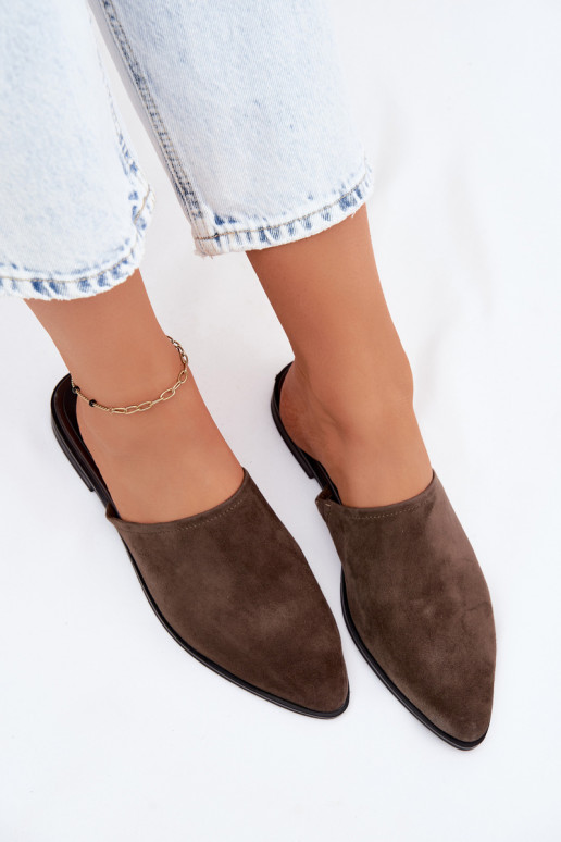 Leather Suede Women's Mules Flat D&A JC61-1004 Khaki