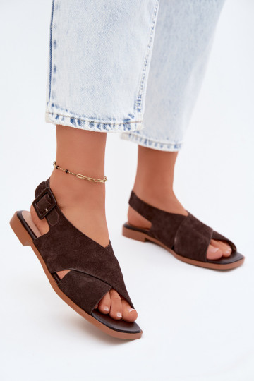 Leather Suede Women's Flat Heel Sandals D&A JC61-1001 Chocolate 2