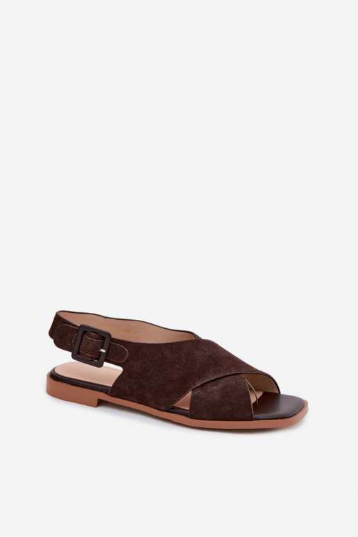 Leather Suede Women's Flat Heel Sandals D&A JC61-1001 Chocolate