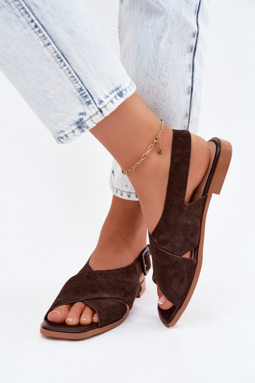 Leather Suede Women's Flat Heel Sandals D&A JC61-1001 Chocolate