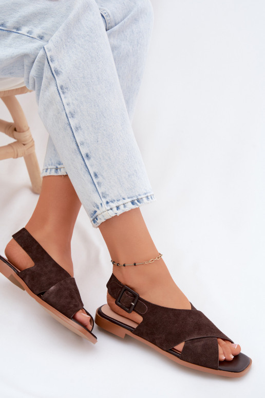 Leather Suede Women's Flat Heel Sandals D&A JC61-1001 Chocolate