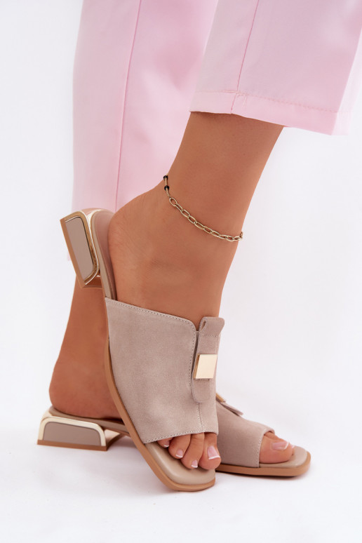 Eleganckie Klapki Damskie Skóra Zamszowa D&A JC61-1002 Beżowe