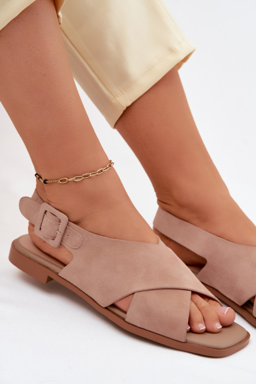 Leather Suede Women's Flat Heel Sandals D&A JC61-1001 Beige