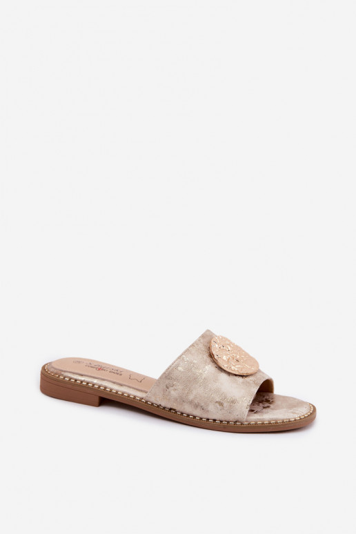 Klapki DamskiewithOzdobnym Detalem Płaski Obcas KV61-6034 Złote