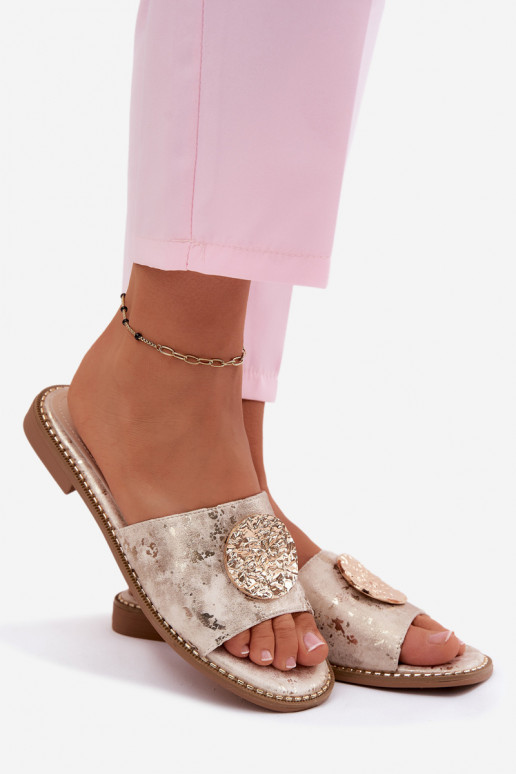 Women's slippers with decorative details and wide heels KV61-6034 gold
