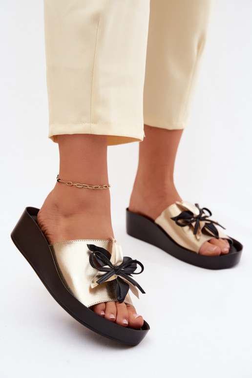 Leather Women's Slippers With Embellishment S.Barski KV61-6044 Gold