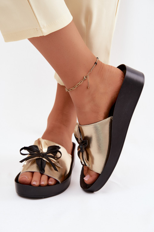 Leather Women's Slippers With Embellishment S.Barski KV61-6044 Gold