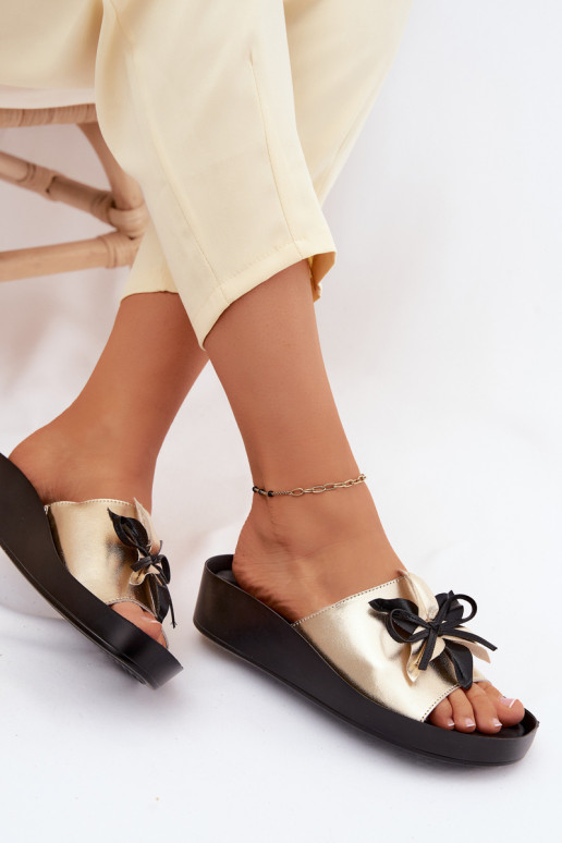 Leather Women's Slippers With Embellishment S.Barski KV61-6044 Gold