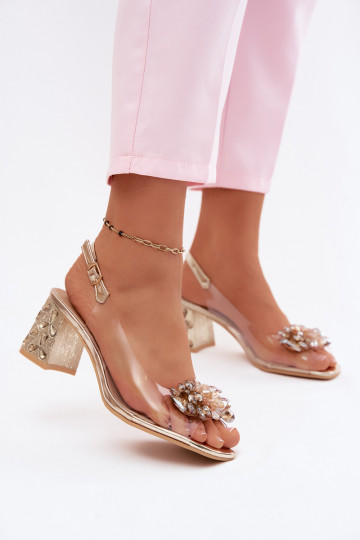 Transparent Sandals with Crystals on Block Heel S.Barski KV61-6068 Gold