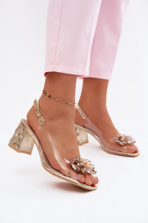 Transparent Sandals with Crystals on Block Heel S.Barski KV61-6068 Gold
