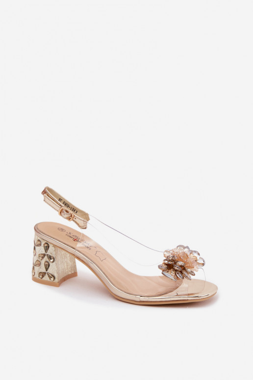 Transparent Sandals with Crystals on Block Heel S.Barski KV61-6068 Gold