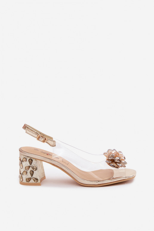 Transparent Sandals with Crystals on Block Heel S.Barski KV61-6068 Gold