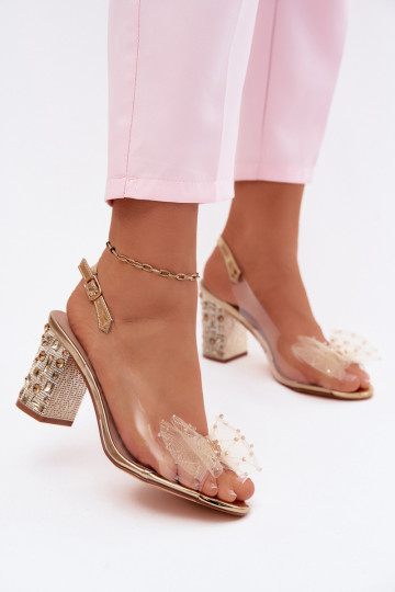 Block Heel Sandals With Crystals Mesh Bow D&A MR61-9010 Gold 2