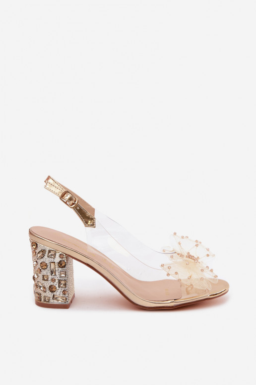 Block Heel Sandals With Crystals Mesh Bow D&A MR61-9010 Gold