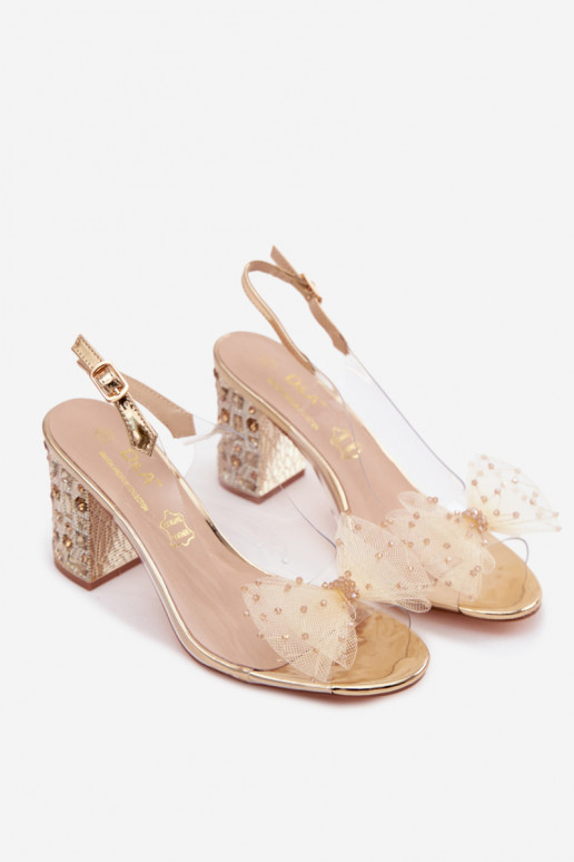 Block Heel Sandals With Crystals Mesh Bow D&A MR61-9010 Gold