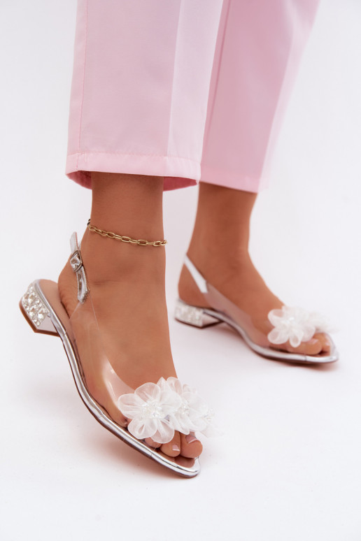 Transparent Sandals with Crystals and Mesh Flowers D&A MR61-9006 Silver