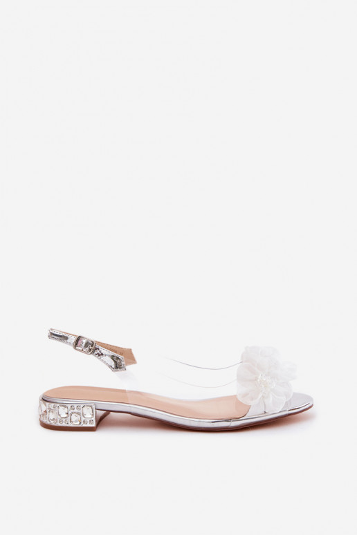 Transparent sandals with sparkling gems and mesh floral motifs D&A MR61-9006 silver