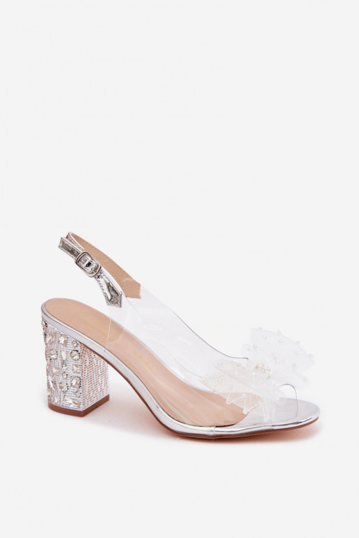 Sandały Na SłupkuwithKryształkami Siateczkowa Kokarda D&A MR61-9010 Srebrne