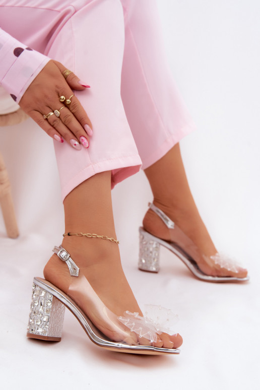 Block Heel Sandals With Crystals Mesh Bow D&A MR61-9010 Silver
