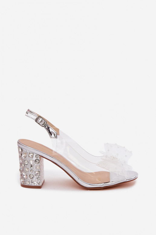 Block Heel Sandals With Crystals Mesh Bow D&A MR61-9010 Silver