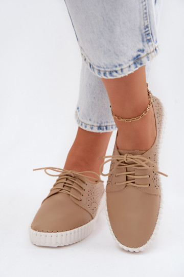 Women's Perforated Lace-up Shoes Dark Beige Pearla