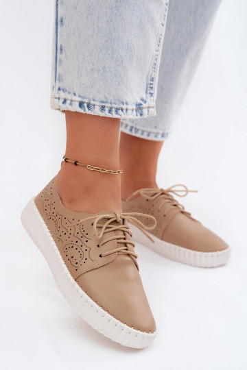 Women's Perforated Lace-up Shoes Dark Beige Pearla 2