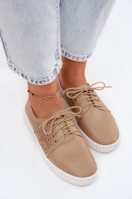 Women's Perforated Lace-up Shoes Dark Beige Pearla