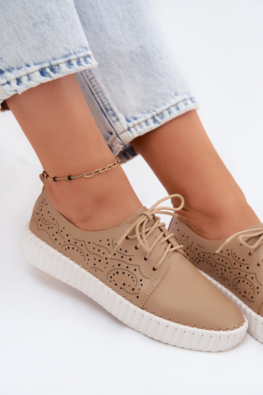 Women's Perforated Lace-up Shoes Dark Beige Pearla