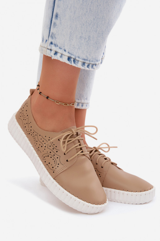 Women's Perforated Lace-up Shoes Dark Beige Pearla
